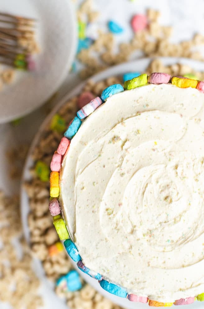 overhead shot of the top of a lucky charms cake