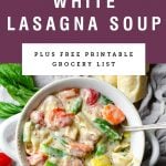 A bowl of white lasagna soup. Recipe title is above it on a purple background.