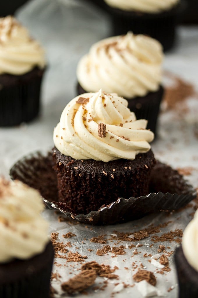 closeup of chocolate mint cupcakes in a peeled wrapper