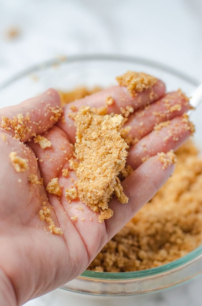 graham cracker crumbs squeezed together to show the consistency for how to make graham cracker crust