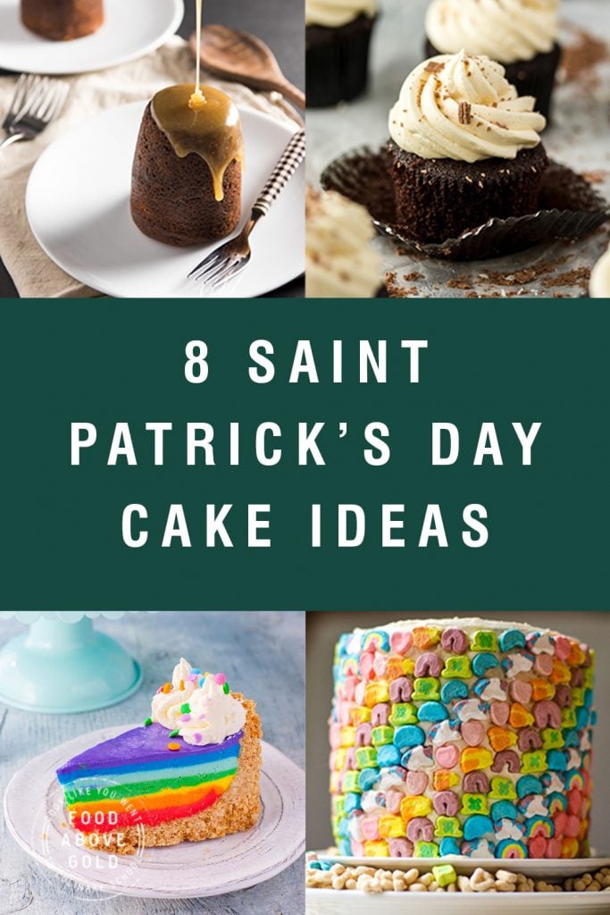 Four different cake examples with title text "8 St. Patrick's Day cake ideas"