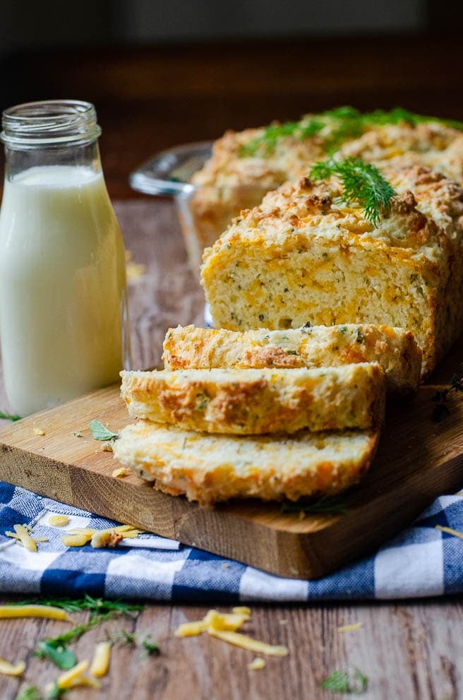 Three slices of buttermilk quick bread next to a tall glass of milk