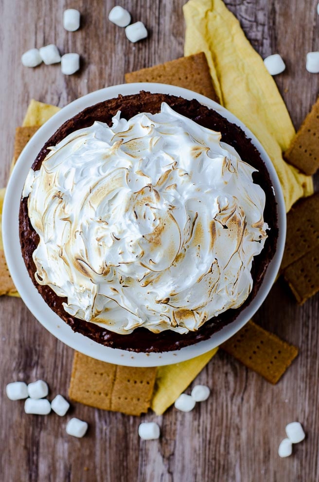 overhead view of the toasted marshmallow topping on a s'mores pie