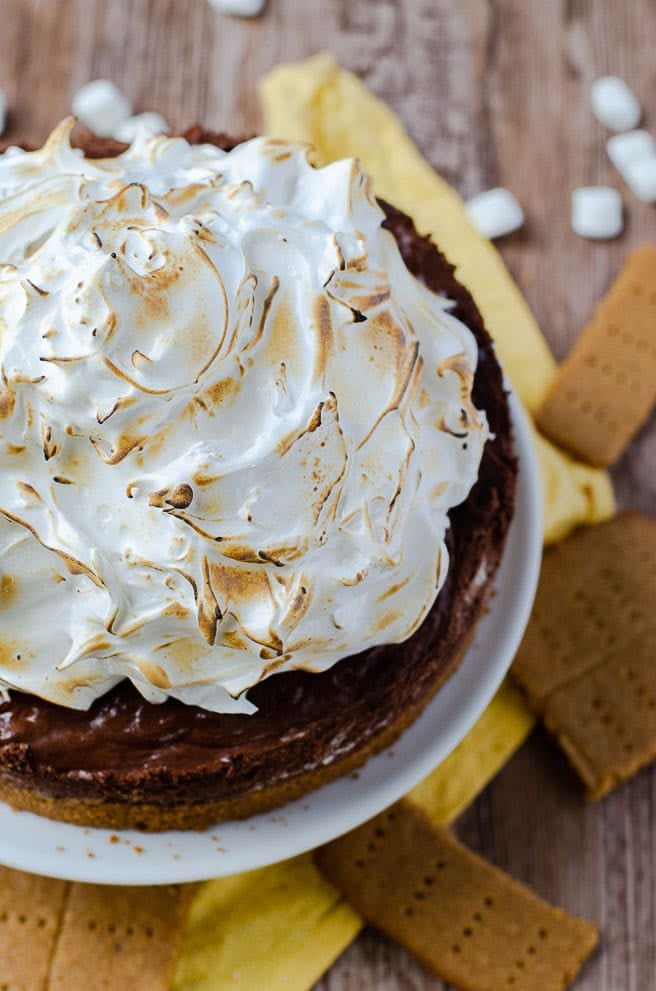 overhead angled view of the toasted marshmallow topping on a s'mores pie