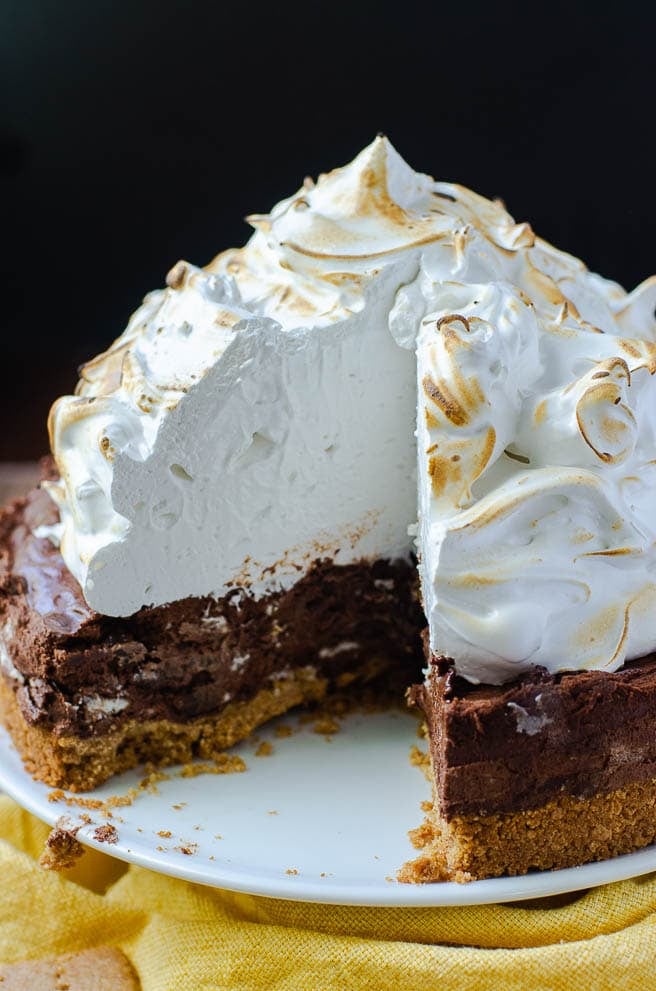 The inside of a s'mores pie with a piece cut out