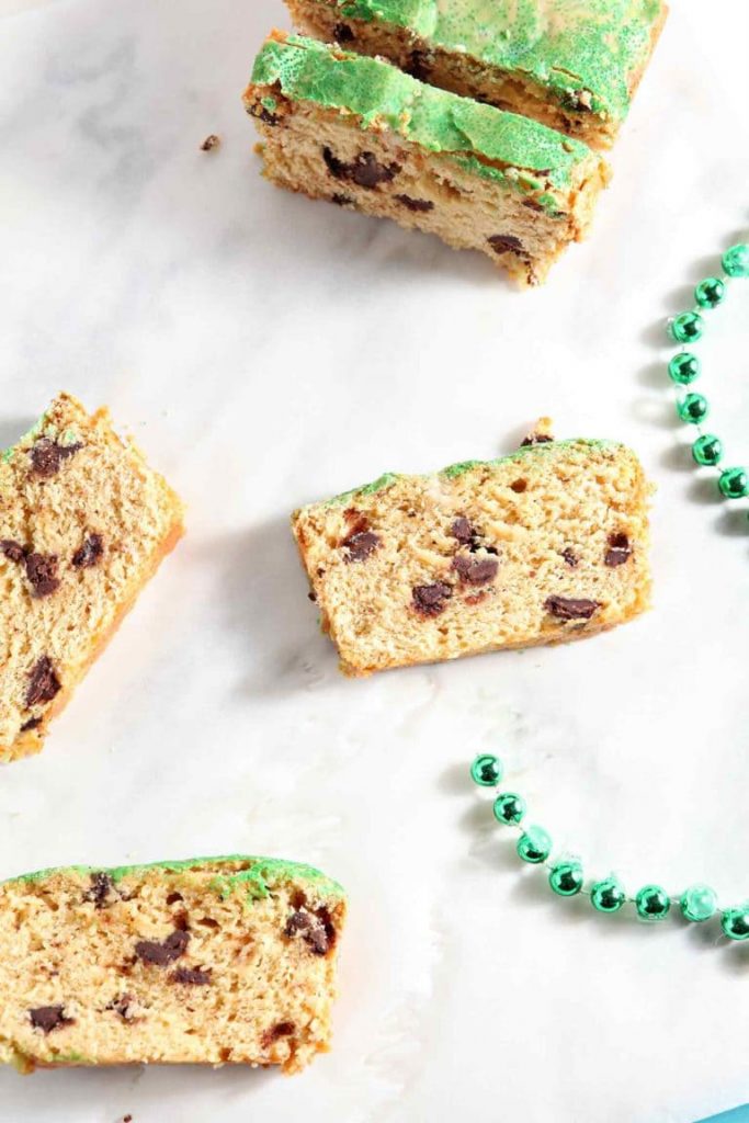 overhead shot of chocolate chip irish cream pound cake