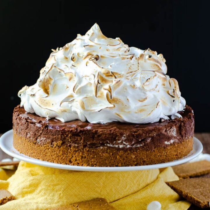 A picture of a cake covered with a toasted marshmallow spread