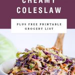 A white bowl overflowing with creamy coleslaw under recipe title on a purple background.