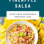A bowl of grilled pineapple salsa surrounded by tortilla chips. Recipe title above it is on a blue background.