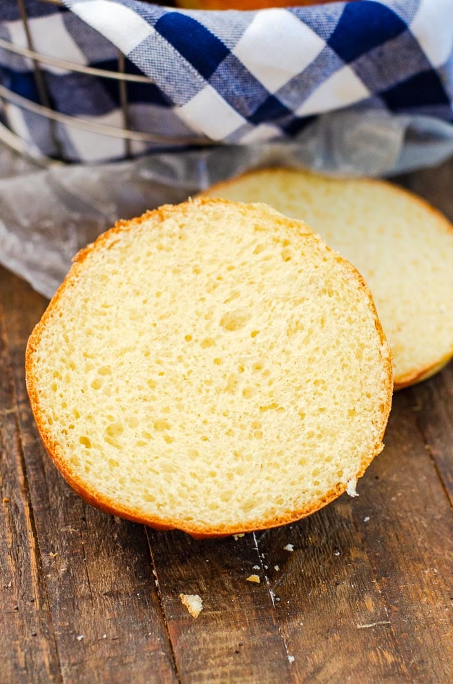 Inside of brioche hamburger bun showing texture.