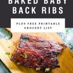 A half rack of baked baby back ribs on a cutting board with barbecue sauce. Recipe title above it is on a black background.