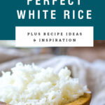 A wooden bowl of perfectly cooked white rice. Recipe title above it is on a blue background.