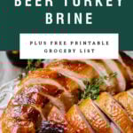 Sliced pumpkin beer brined turkey breast on a white tray. Recipe title above it is on a green background.