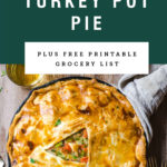 A skillet turkey pot pie with the center cut out. Recipe title above it is on a green background.