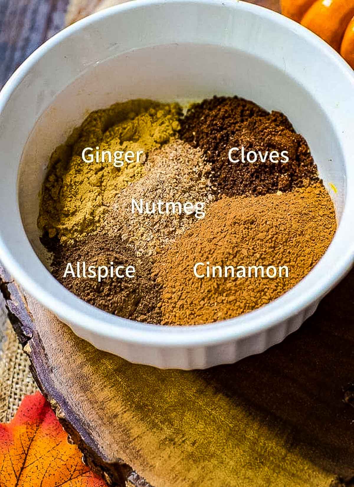 Ground spices next to each other in a bowl.  Each spice is labeled.