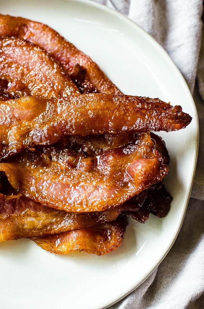 Close up of a plate of bacon.