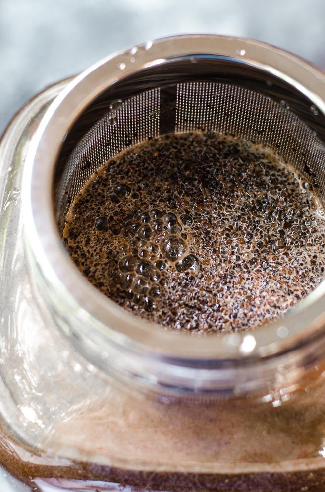 Air bubbles in steeping coffee grounds.