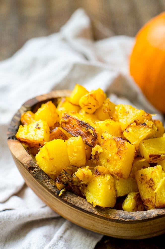 Closeup of the caramelization on the sautéed pumpkin pieces.