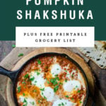 A cast iron pan of pumpkin shakshuka. Recipe title above it is on a green background.