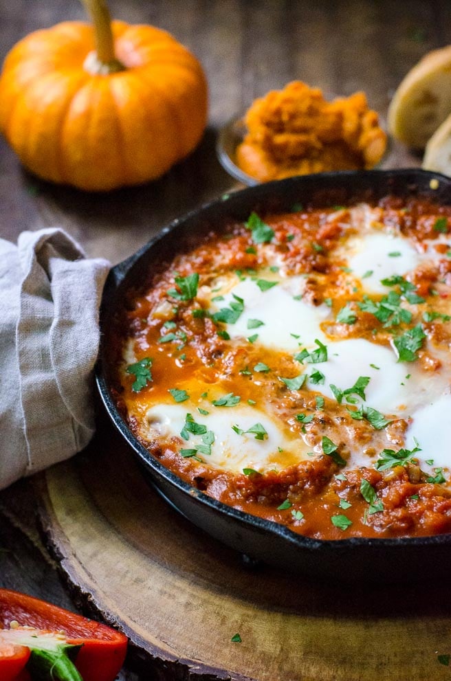 Poached eggs in a tomato stew.