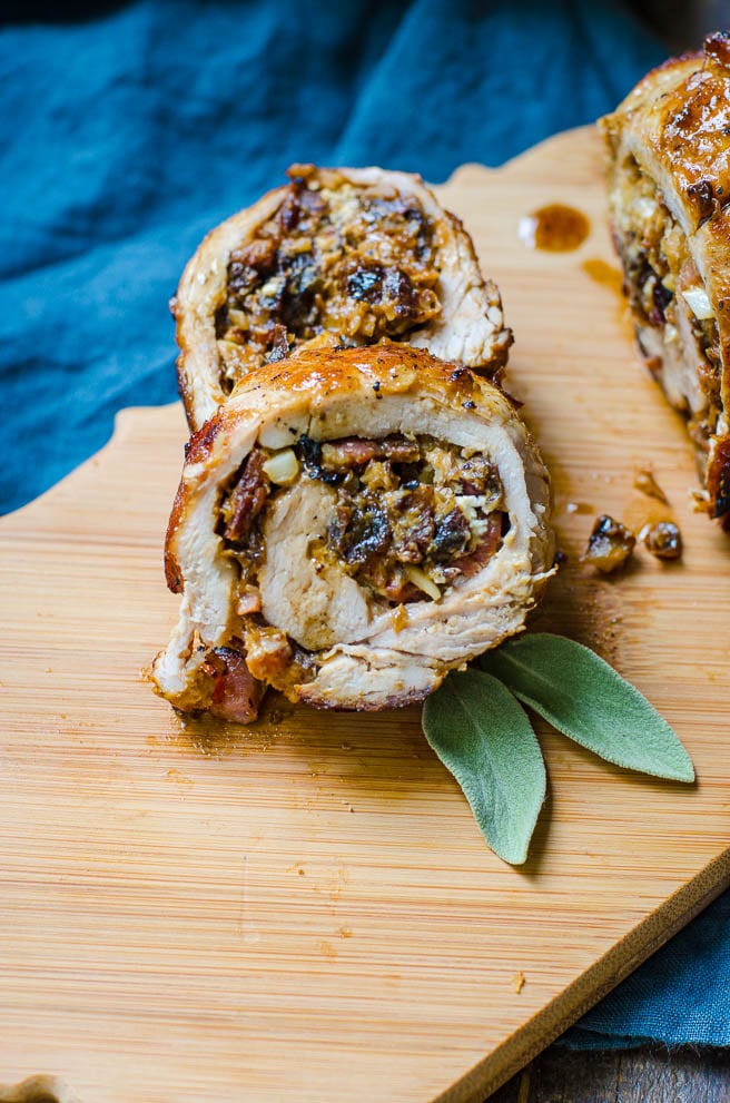 California prunes stuffing inside a pork roulade.