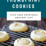 Brown butter thumbprint cookies with recipe name above it on a blue background.