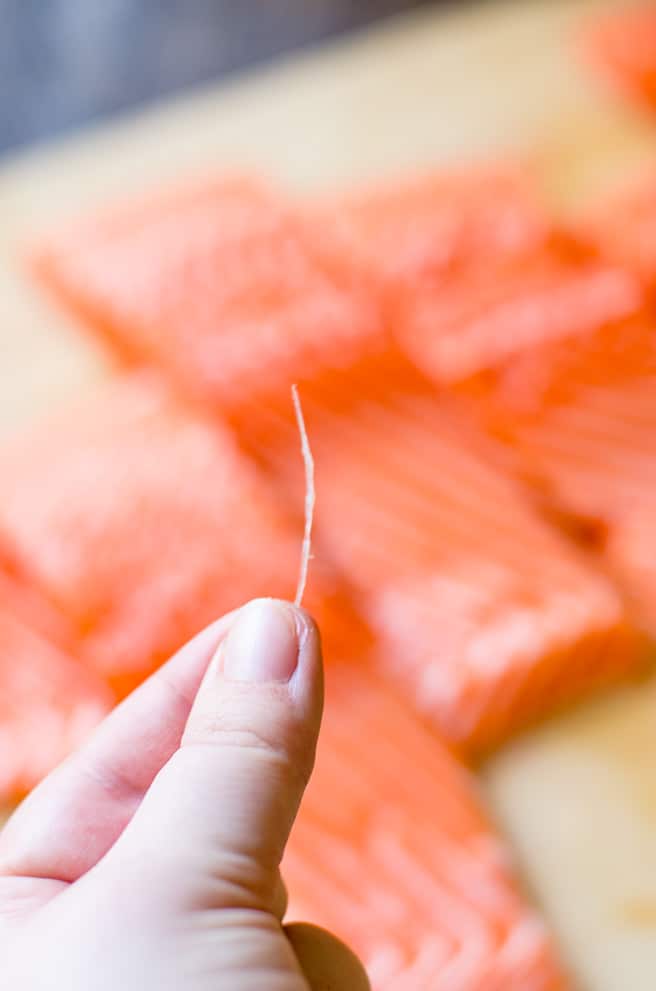 Close up of a salmon pin bone in front of many salmon fillets.