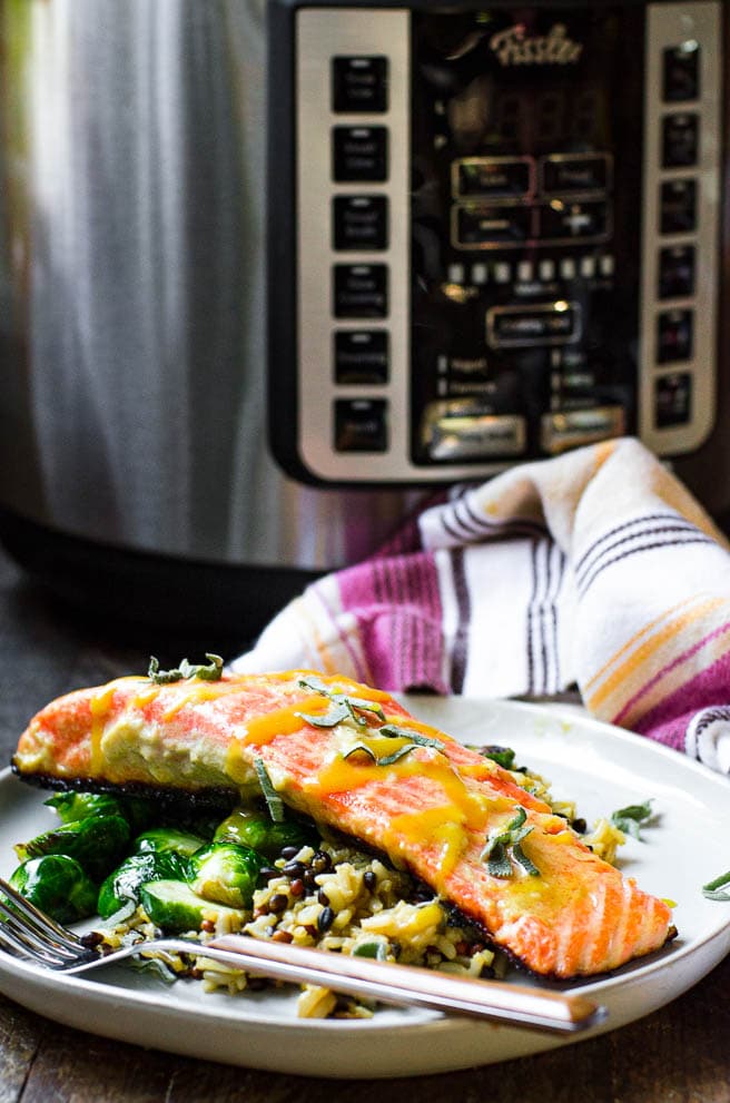 A plate of sous vide salmon in front a Fissler Souspreme Multi Pot.