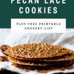 A stack of thin pecan lace cookies with recipe title above it on a green background.