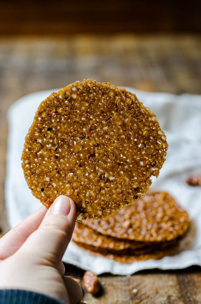 The backside of a lace cookies showing the holes that make it lacy.