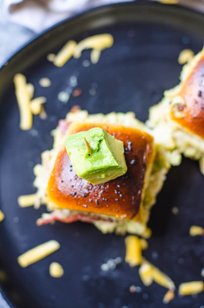 Overhead view of the toothpick garnishing a turkey slider.