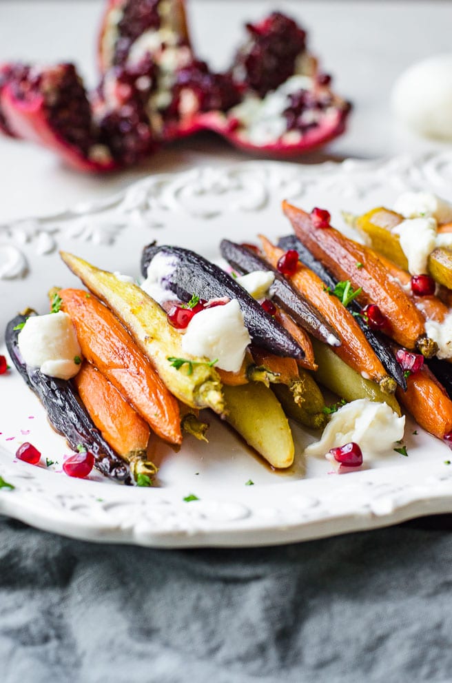 Honey Roasted Rainbow Carrots with Burrata and Pomegranate