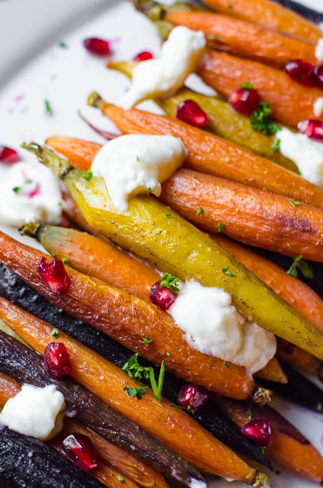 Honey Roasted Rainbow Carrots with Burrata and Pomegranate