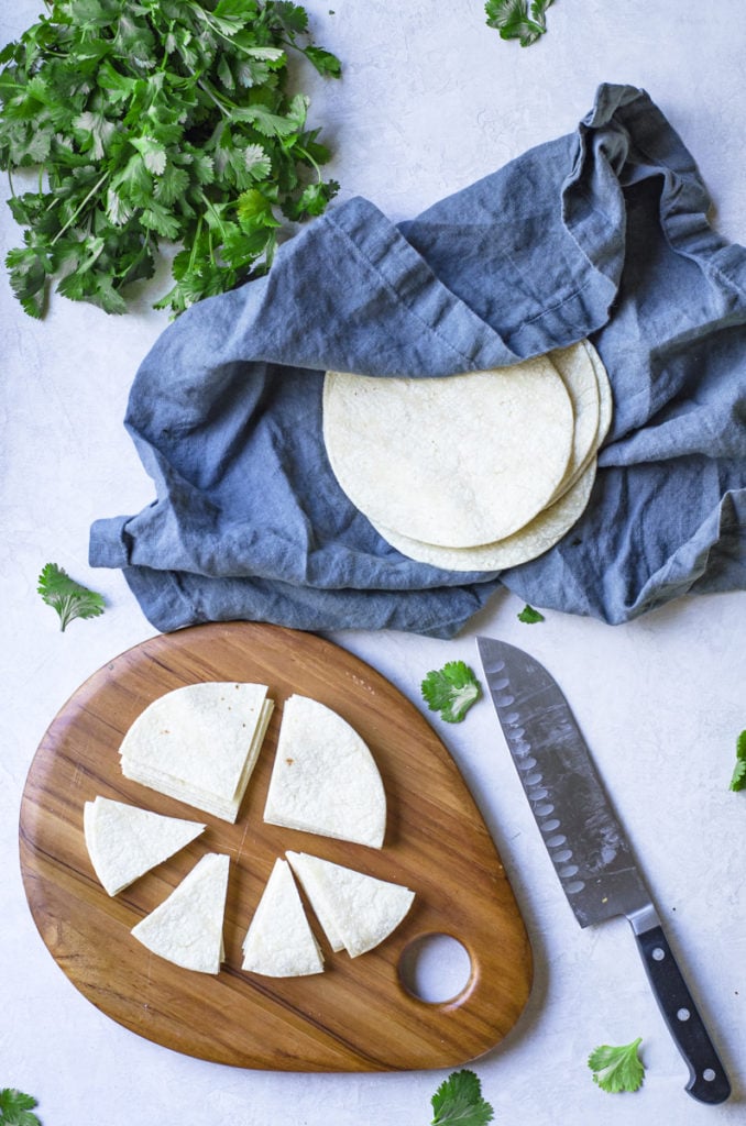 Overhead view of how to cut tortillas into wedges