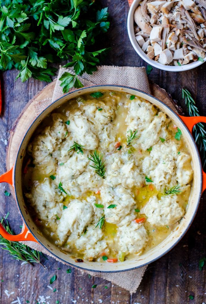 Overhead view of cooked turkey and dumplings.