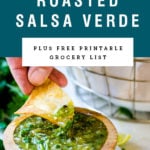 A hand dipping a chip into salsa verde with title text above it.