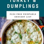 a pot of turkey and dumplings with title text above it.