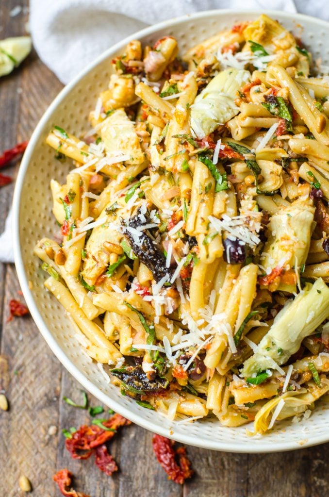 California prunes garnished with shredded cheese tossed with pasta salad.