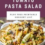 A bowl of sun dried tomato pasta salad with California Prunes. Title text above it.