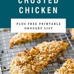 Almond crusted chicken tenders of a baking rack with text saying recipe name.