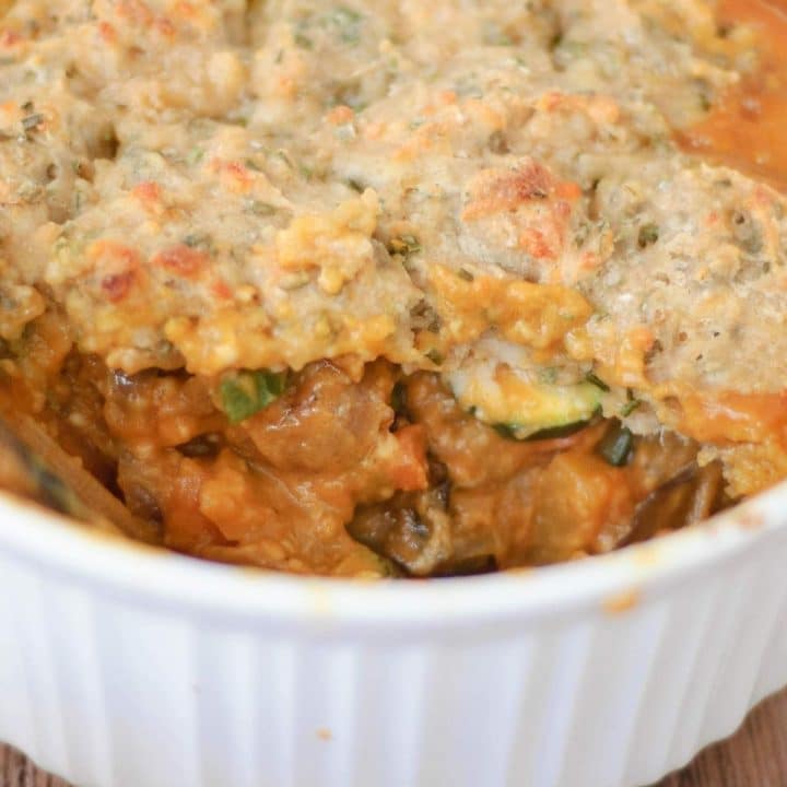 a baking dish with pumpkin casserole