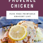 herbs de Provence chicken with a lemon wheel on it with a purple block above it saying "herbs de provence chicken"