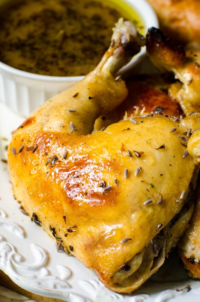 Close up of the browned skin of lavender chicken.