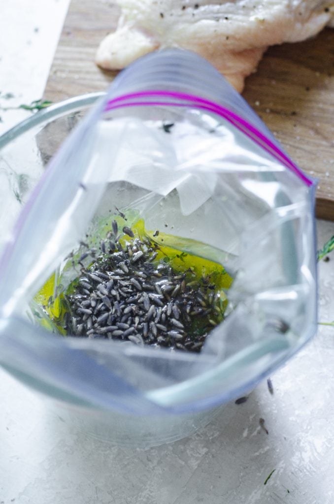 A view inside of a bag of lavender marinade