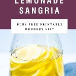 A pitcher of sliced lemons in juice with title text saying "simple lemonade sangria".