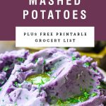 Purple background with text saying "purple mashed potatoes" over a picture of purple mashed potatoes.