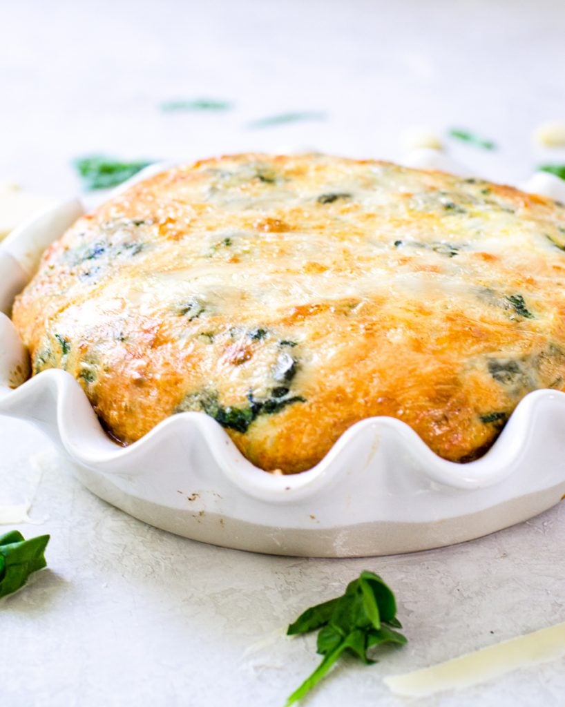 A puffed up frsh from the oven spinach egg bake.