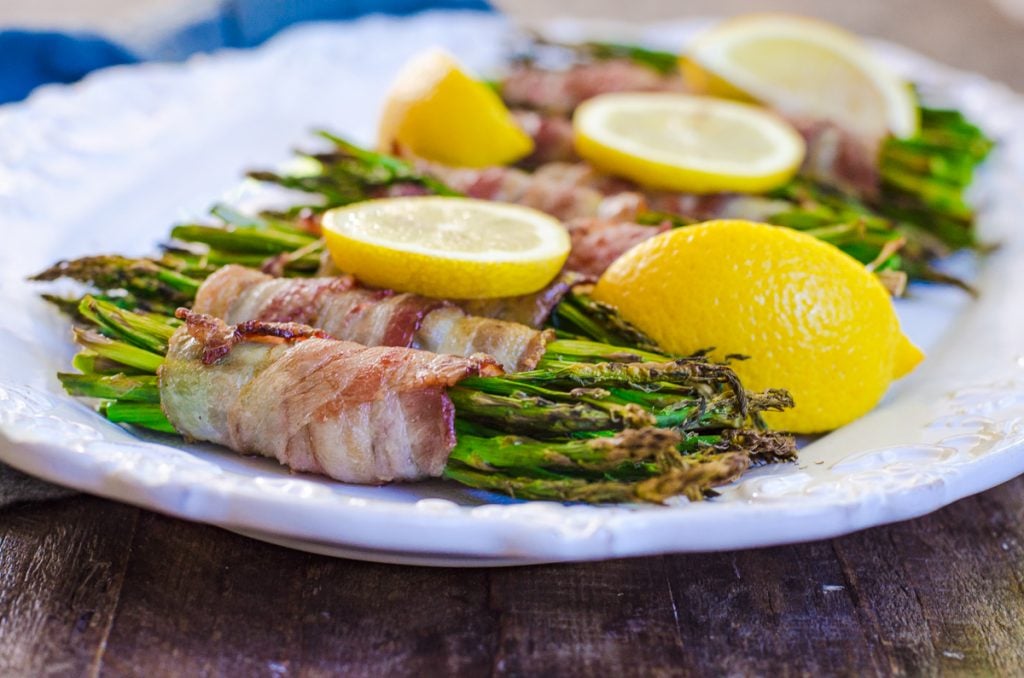 Close up of the tips of cooked asparagus spears.