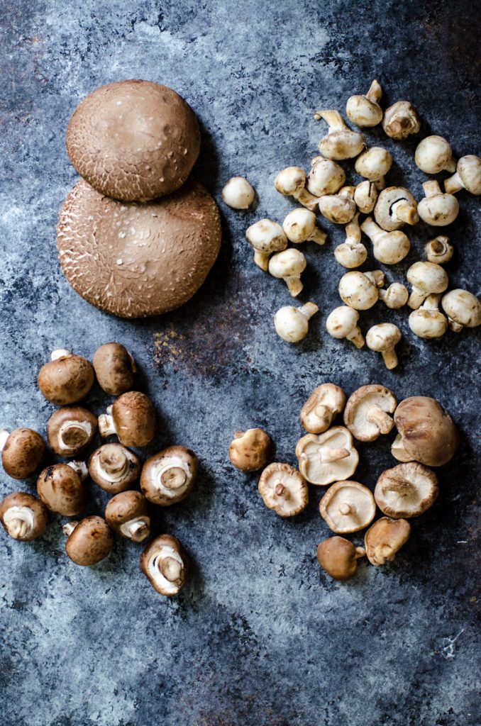 four different types of mushrooms on a board.