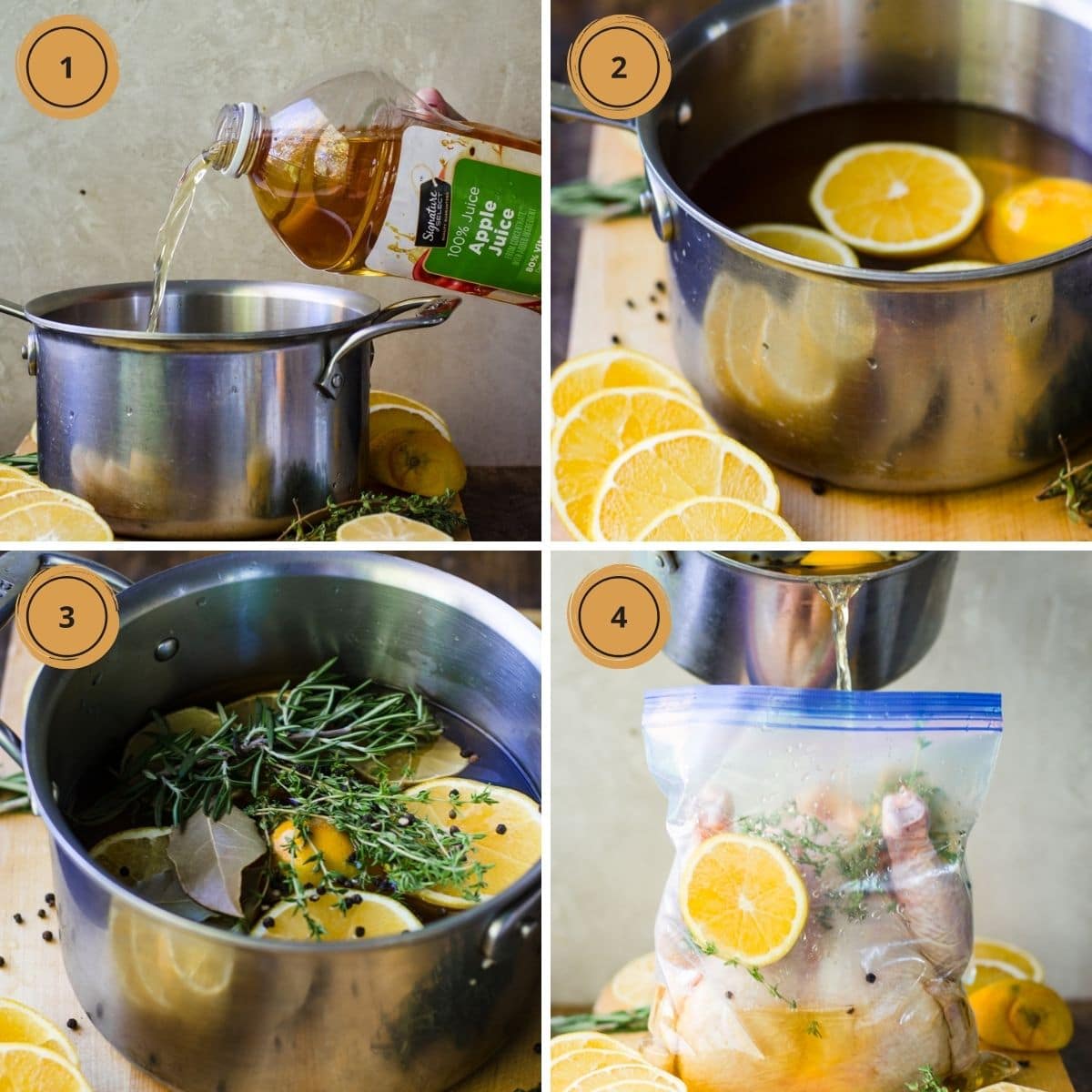 A collage showing steps to make apple juice brine.